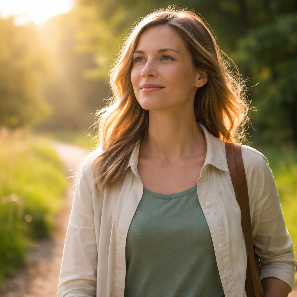 A woman walking calmly in sunlight, looking ahead with a gentle, positive expression